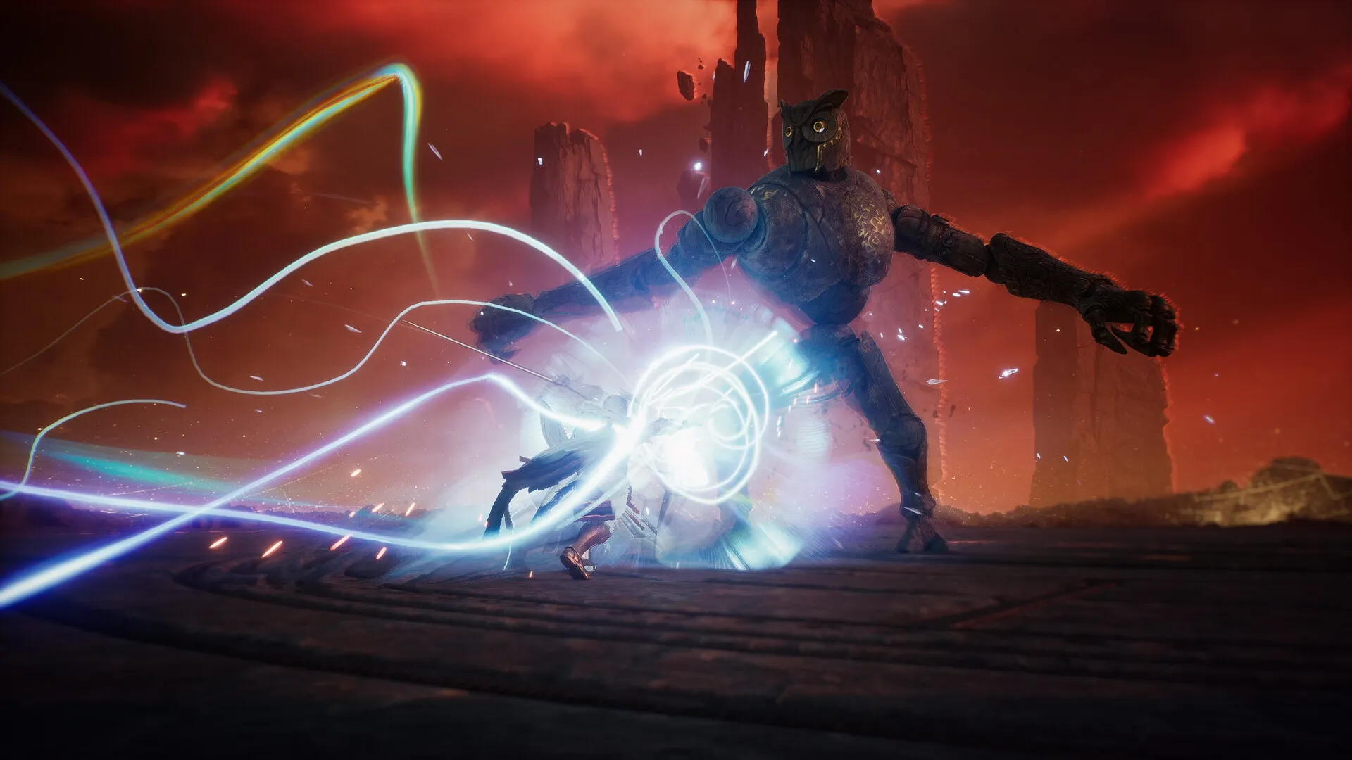 Official AION 2 screenshot from NC: a warrior unleashes a burst of glowing blue and white light trails against a giant owl-headed stone construct on a cracked stone floor under a blood-red sky.
