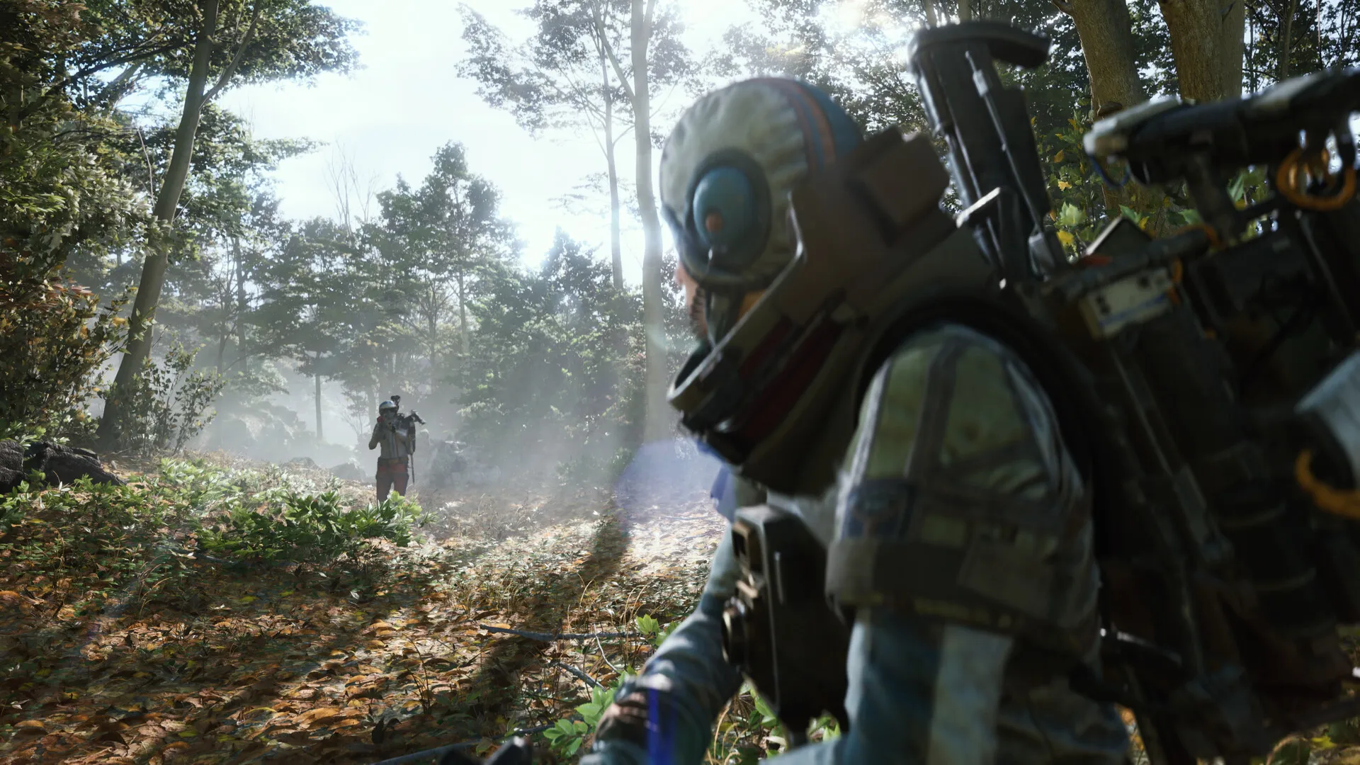 ARC Raiders screenshot: a Raider in a helmet and heavy backpack, seen from behind in the foreground, watches another armed Raider standing in a sunlit, misty forest clearing.