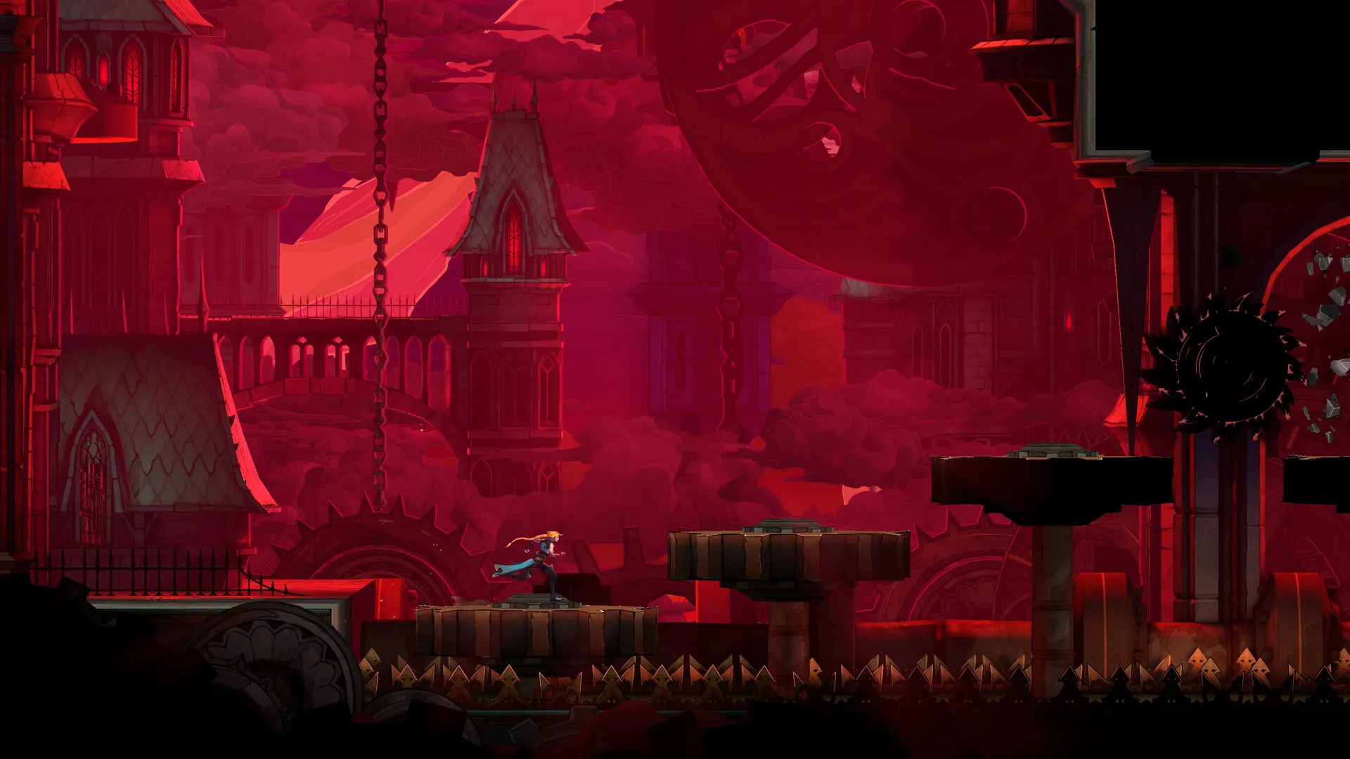 Castlevania: Belmont's Curse gameplay screenshot: Rose, a blonde hunter in a blue coat, runs across giant rotating gear platforms above a row of spikes, with Gothic spires, hanging chains, a spinning saw blade and a blood-red sky behind her.