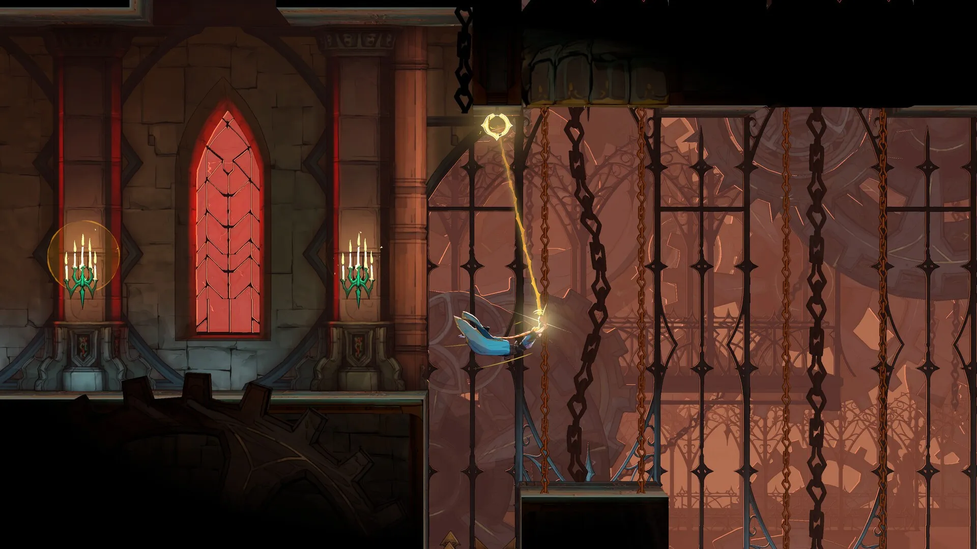 Castlevania: Belmont's Curse gameplay screenshot: a small red-clad figure crosses a gothic hall of teal stone and green-lit windows, with flaming wall torches and a tapestry, in a 2D side-on view.
