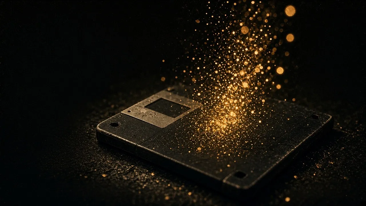 Black 3.5-inch floppy disk on near-black ink with a rising plume of amber gold particles; retro computing feature photography.
