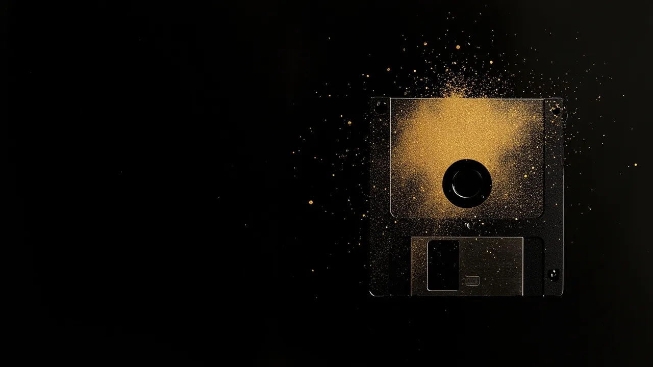 Abstract floppy-disk magazine plate dissolving into amber particles.