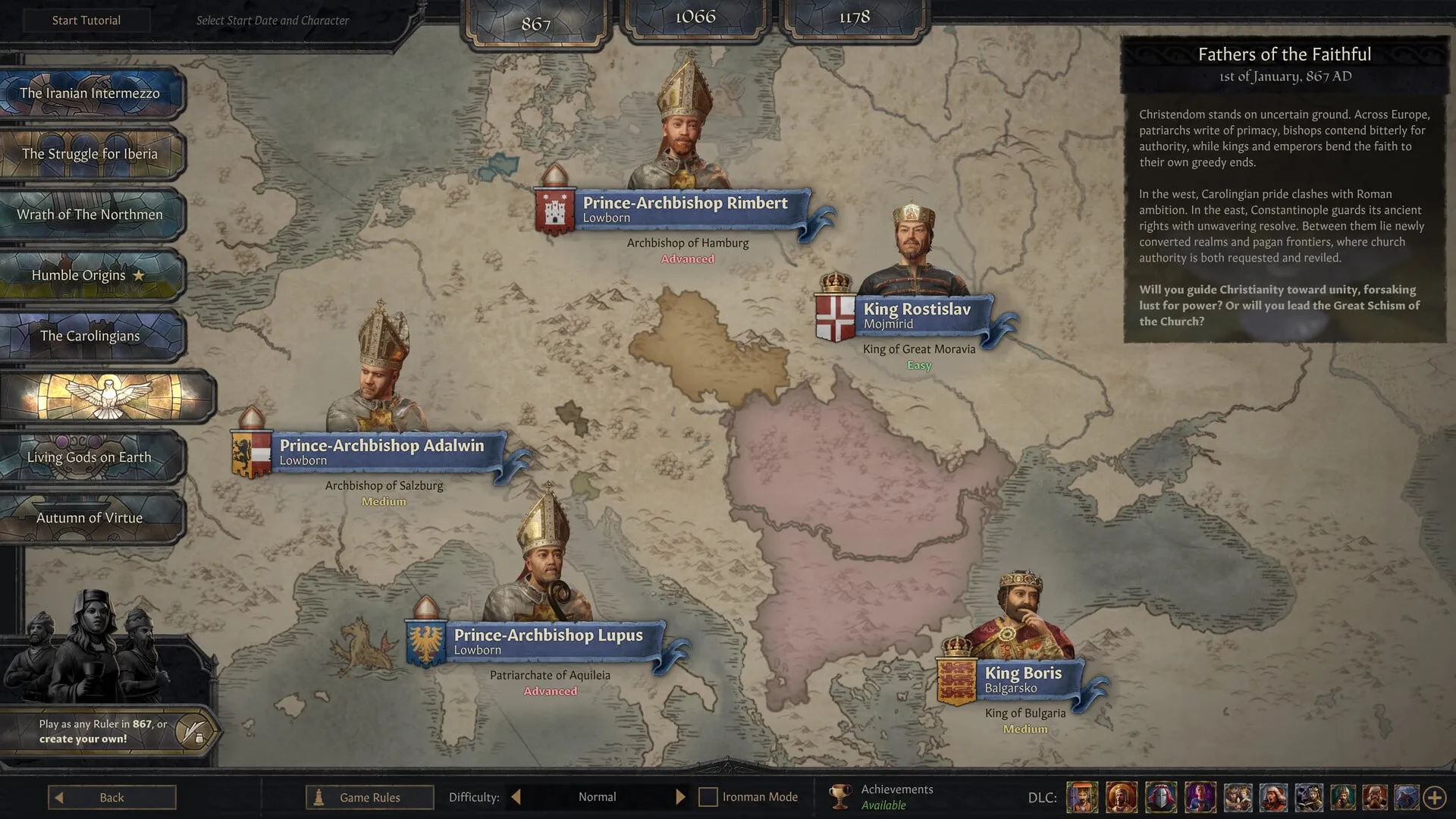 Captura oficial de Crusader Kings III: By God Alone con la pantalla de inicio de 867: tres príncipes-arzobispos con mitra y dos reyes ofrecidos como gobernantes jugables sobre un mapa de Europa central.