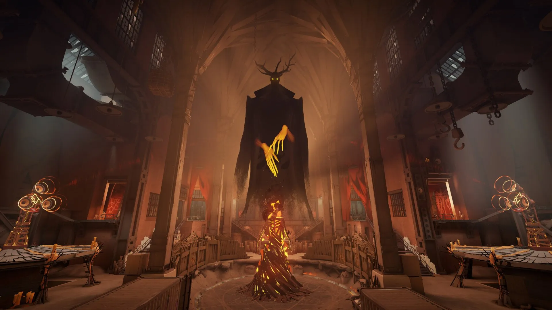 Official Deadlock screenshot from Valve: a towering antlered figure looms over a glowing, fiery shape in a dim gothic hall with tall windows, wooden walkways and brass machinery on both sides.
