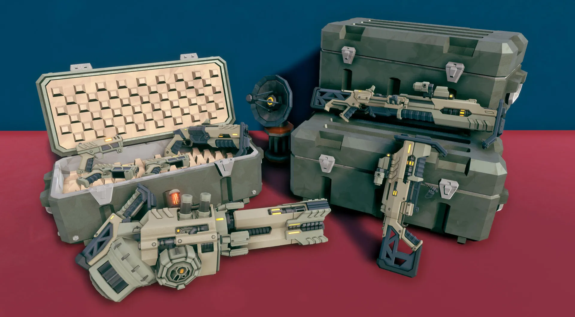 Still promocional oficial de Ghost Ship del set de weapon framework Ironclad Tactical de Season 07, dispuesto con cajas oliva sobre un fondo de estudio.