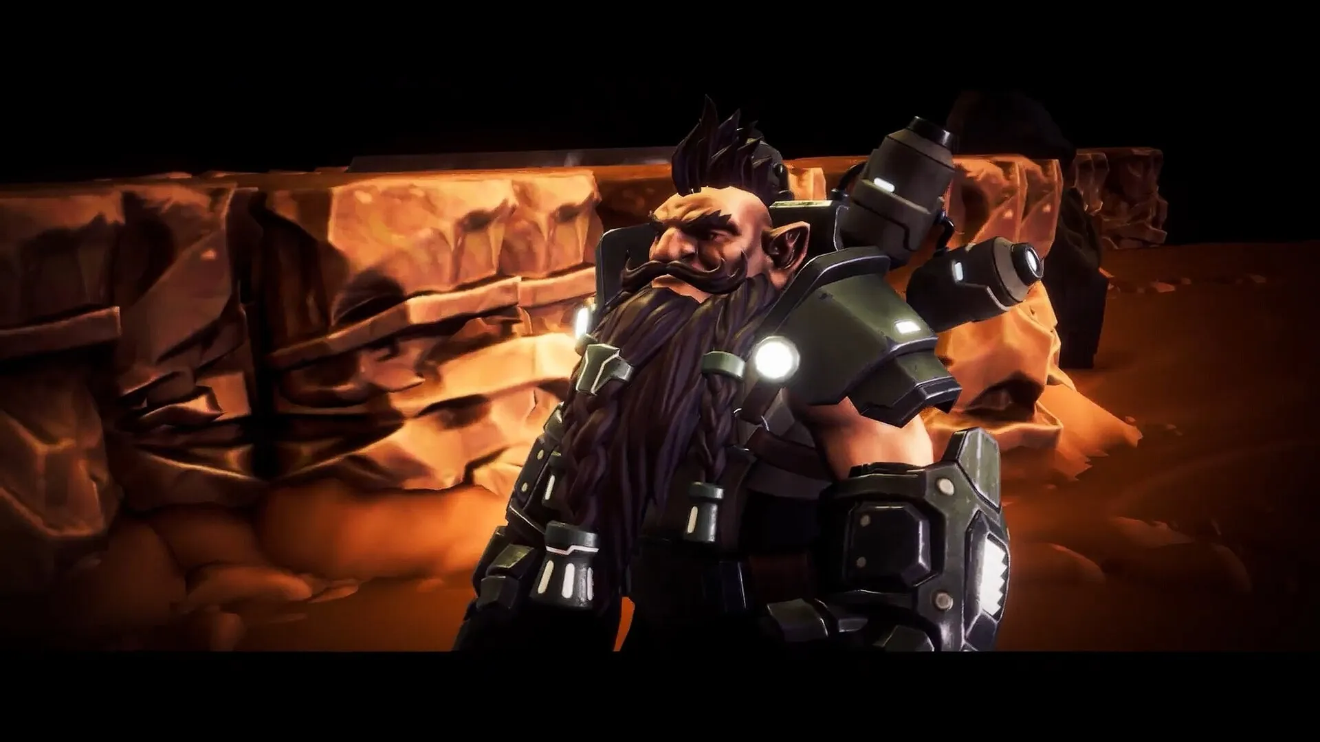 Official Knockout Expansion promotional still of the Brawler dwarf in heavy industrial armor against layered orange rock, from Deep Rock Galactic: Survivor.