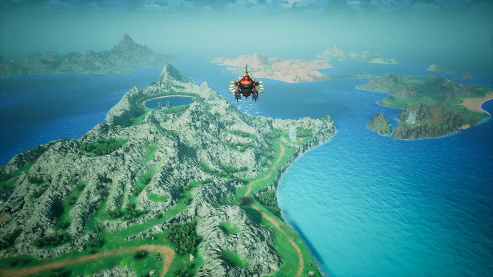 Final Fantasy Resonance screenshot: a red airship flies over a green mountainous island ringed by blue sea, with more islands on the horizon. No HUD.