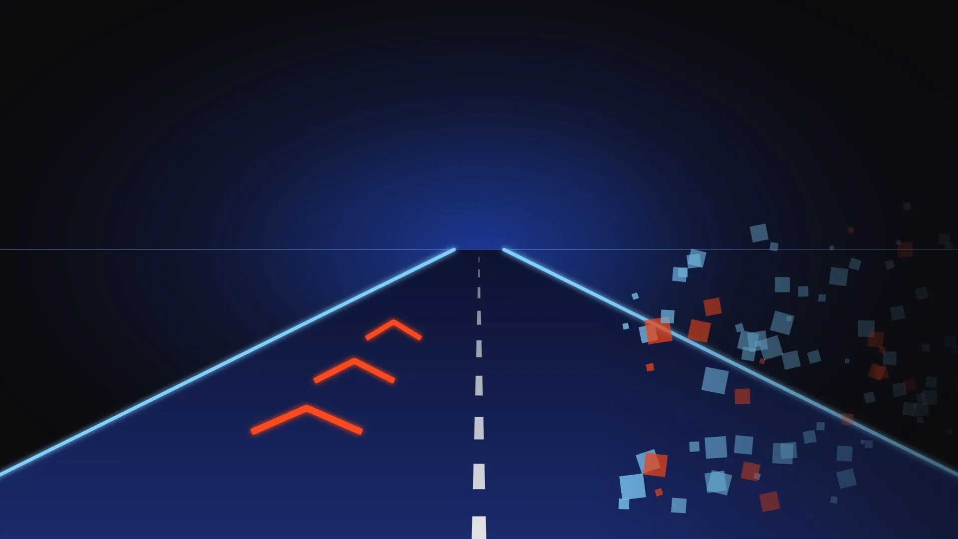 Abstract illustration of a neon-edged race track running to a blue horizon, with orange boost chevrons on the left and the right side of the track breaking apart into drifting squares.