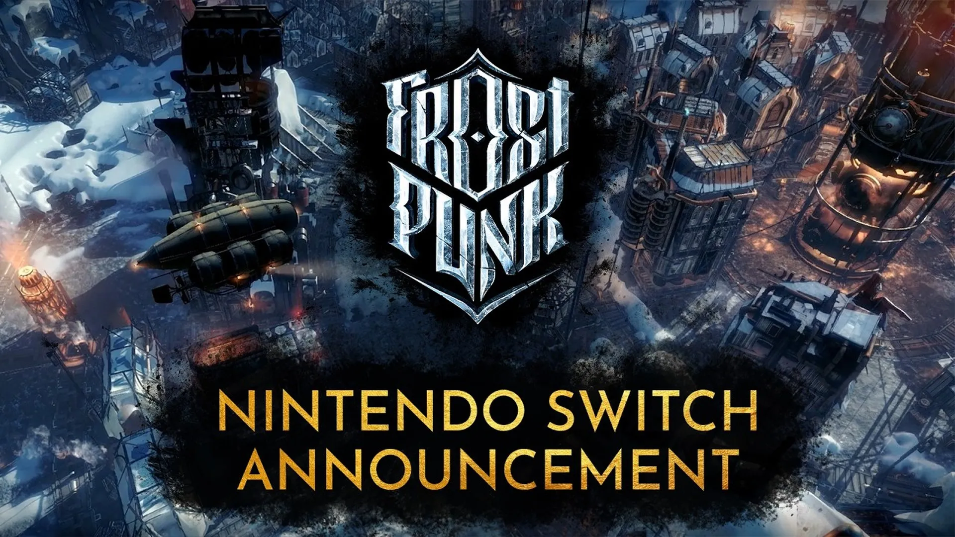 Official Frostpunk trailer still: a snowbound industrial city around a generator under cold blue light, with the Frostpunk crest logo above a gold Nintendo Switch Announcement banner.