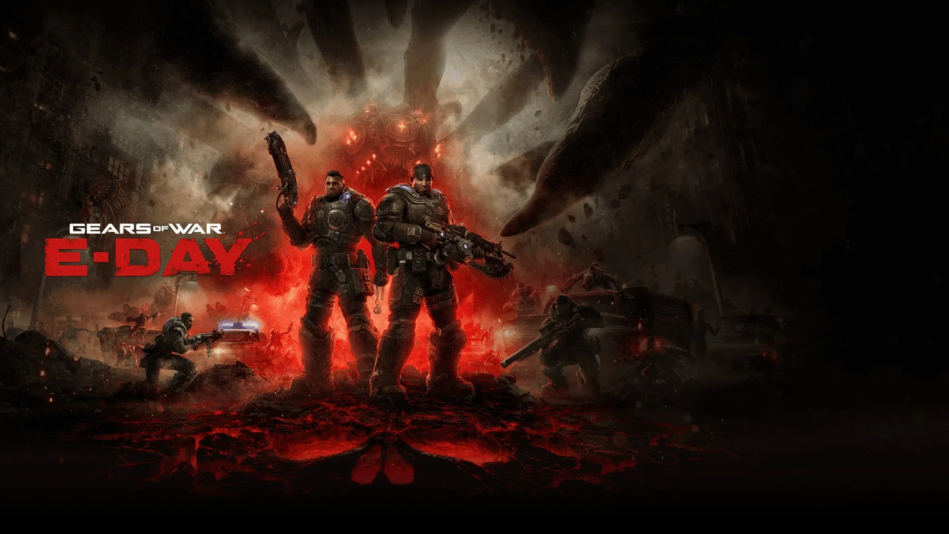 Arte oficial de Gears of War: E-Day — dos soldados con armadura y rifles en una calle en ruinas bañada de rojo, una criatura enorme detrás, el logo a la izquierda.