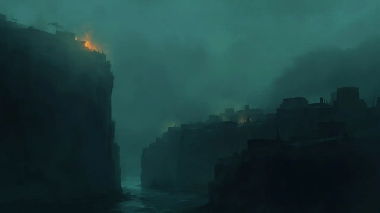 Arte editorial abstracto de una colonia fortificada entre niebla sobre acantilados junto a agua oscura al anochecer, bruma en carbón y verde azulado con un grupo de antorchas ámbar; sin personajes ni logos del juego.