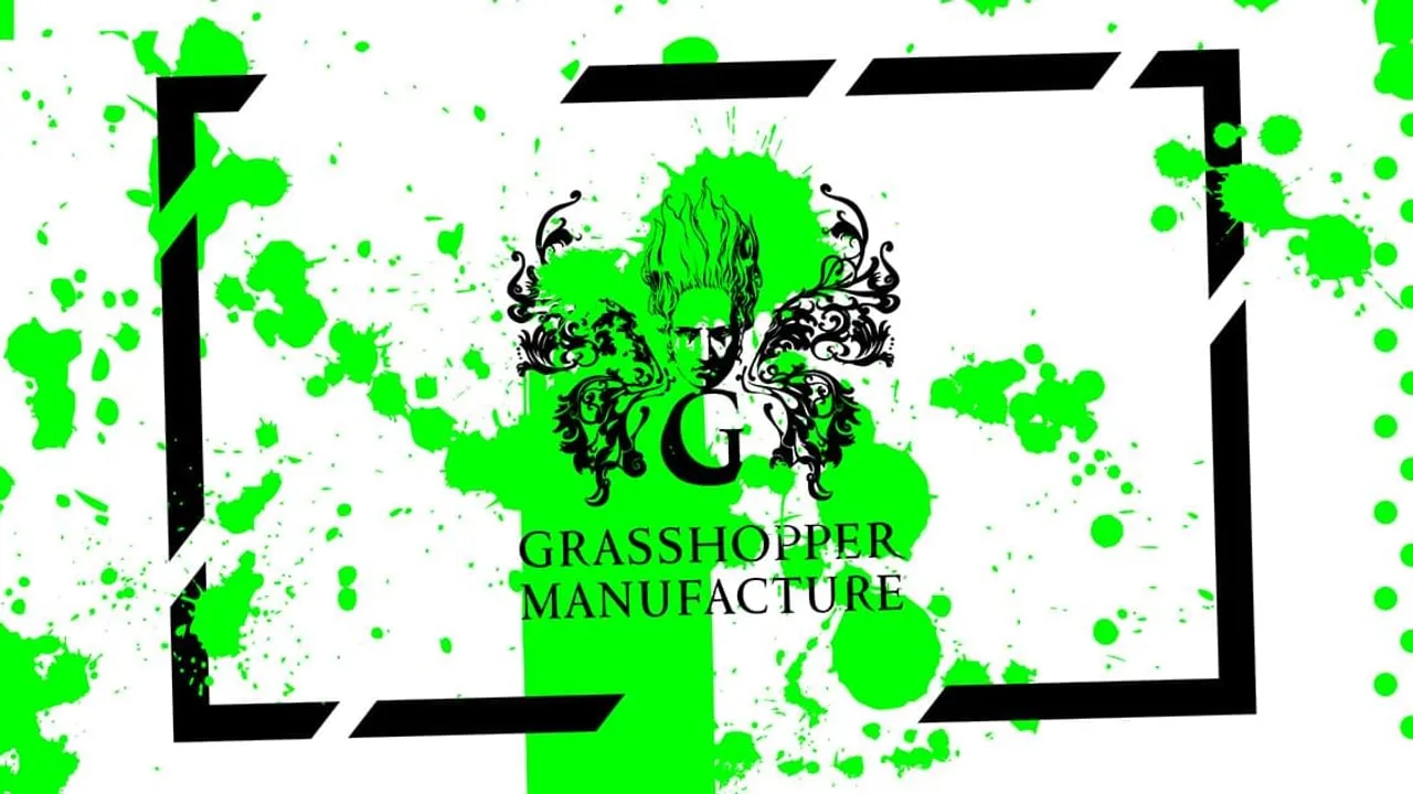 Gráfica del estudio Grasshopper Manufacture: el emblema y el logotipo negros sobre salpicaduras de pintura verde brillante en fondo blanco, dentro de un marco negro entrecortado.