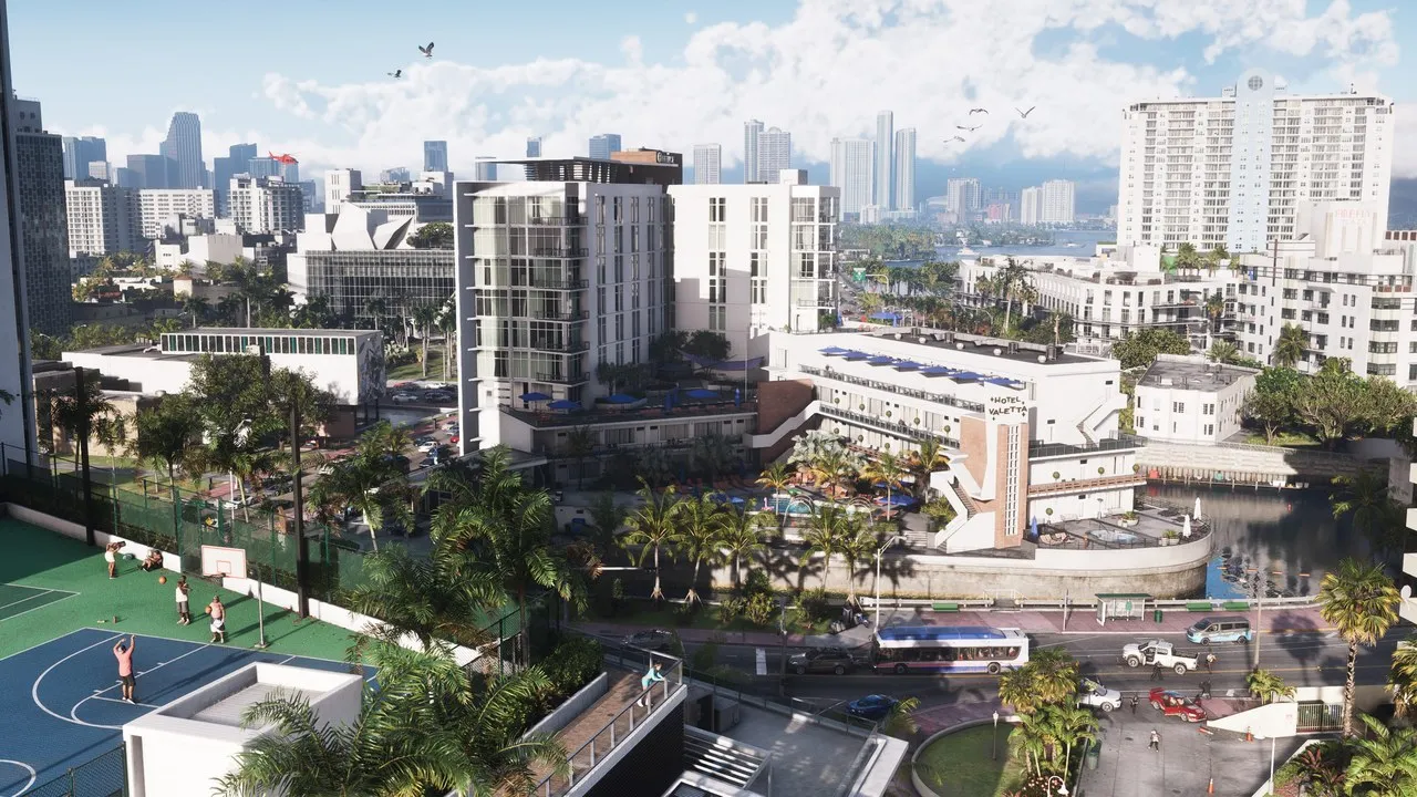 Official Rockstar Games promotional screenshot of Vice City / Leonida: Hotel Valetta waterfront, palm-lined street, basketball courts, and skyline under clear sky.