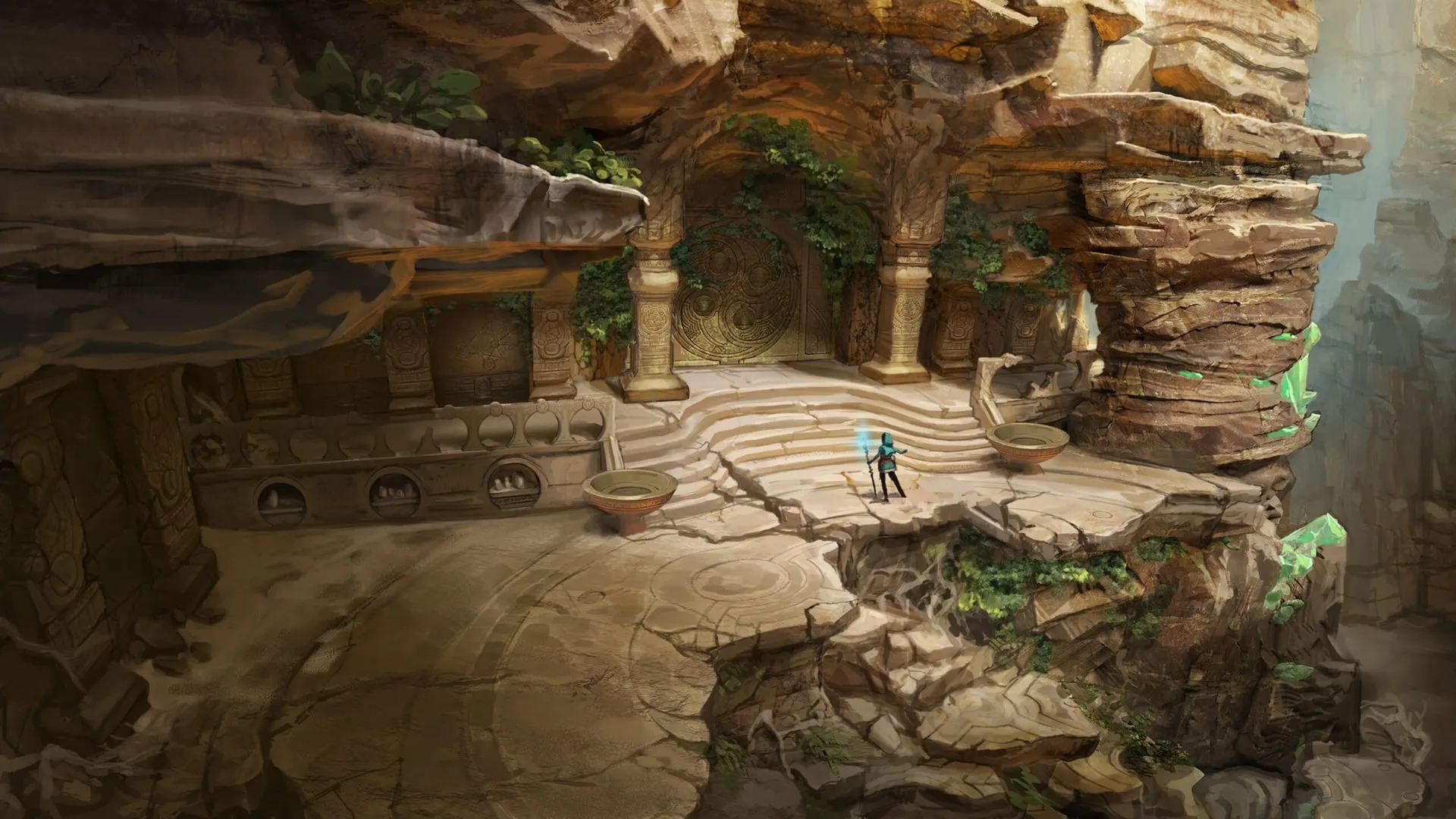 Official Kena: Scars of Kosmora concept art: a small hooded figure with a glowing staff stands on cracked stone steps before a carved circular temple door set into a sandstone cliff.