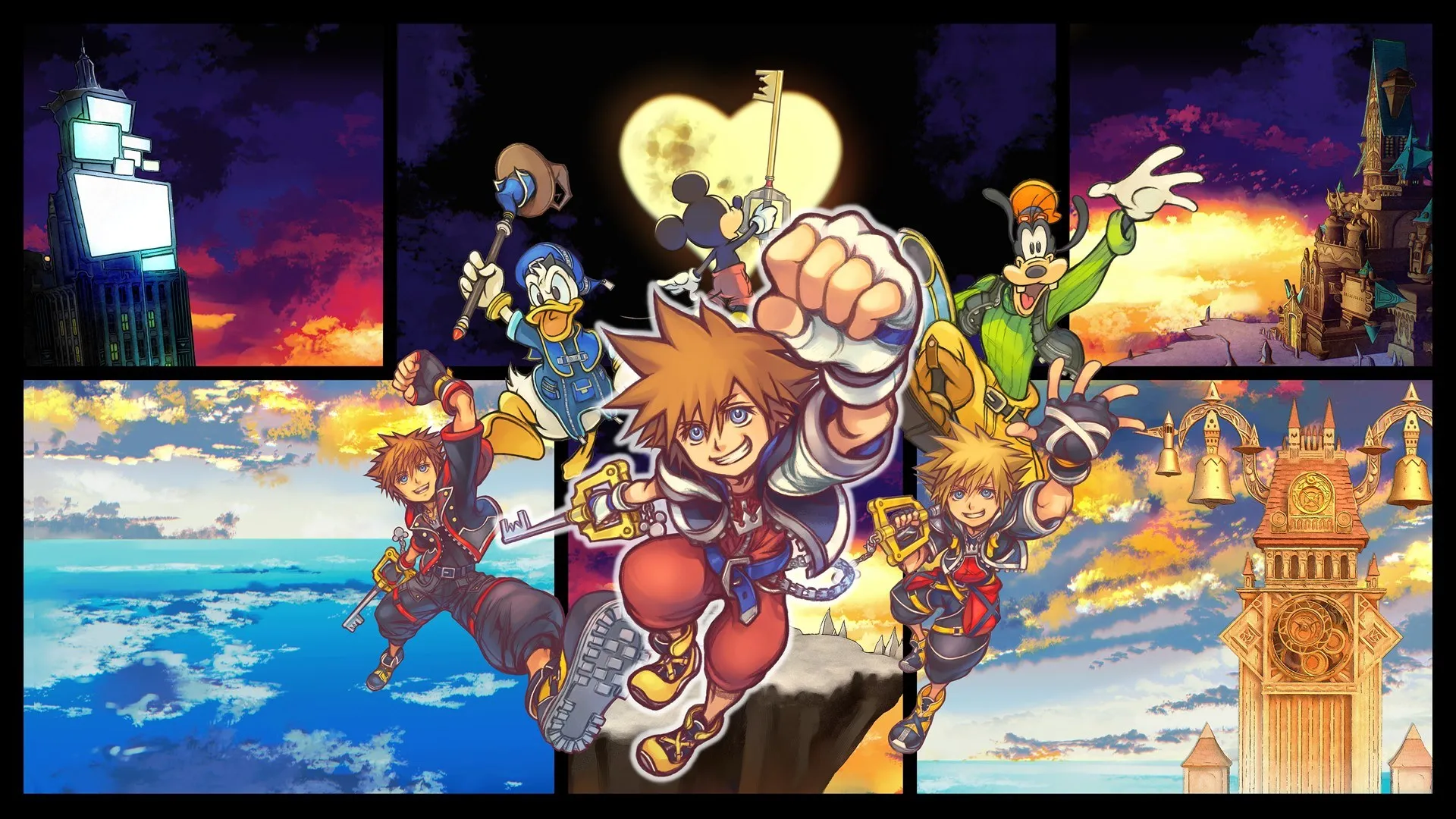 Arte clave oficial de Kingdom Hearts Collection [I~III]: Sora salta hacia adelante con el puño en alto y una Llave Espada, junto a Donald, Goofy, Mickey y otros dos portadores de Llave Espada, sobre paneles con una luna en forma de corazón, una torre con reloj, un castillo y un cielo de atardecer.