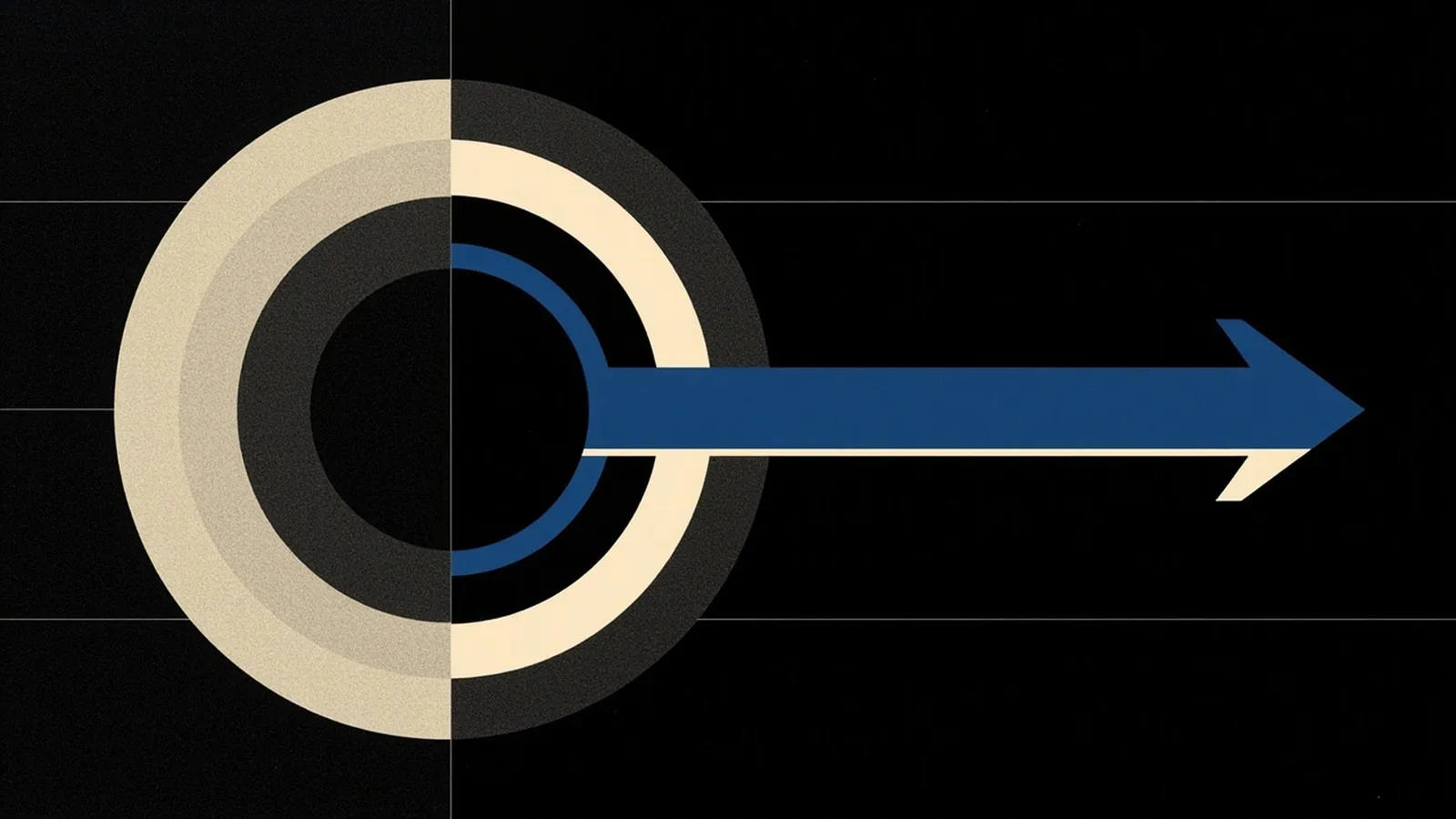 Ilustración editorial abstracta de grilla suiza: anillos concéntricos crema y gris de presión sobre fondo casi negro, atravesados por una sola flecha cobalto de exportación; sin logos, banderas ni assets de juegos.