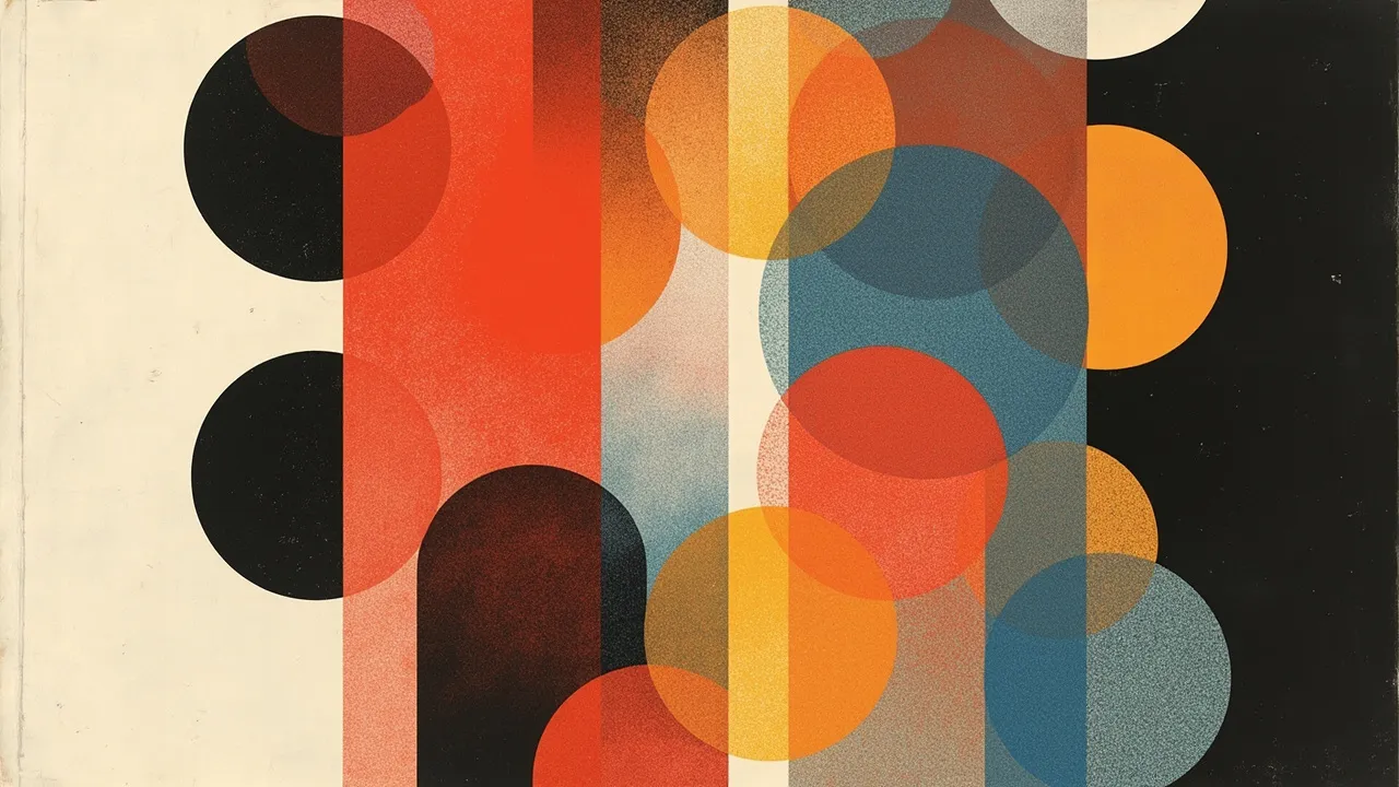 Geometric column of colored discs on charcoal; crimson accent.