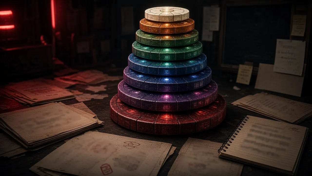 Torre de discos de rompecabezas de colores brillantes sobre un escritorio oscuro de estudio, entre carpetas selladas y notas de revisión; luz de acento carmesí.