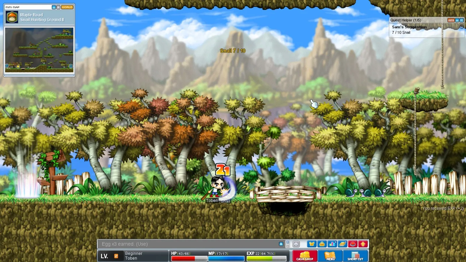 MapleStory Classic World screenshot: a Beginner character attacks snails on a grassy path in Maple Road's Snail Hunting Ground, with stylized trees and rocky peaks behind and the classic HUD with HP, MP and EXP bars at the bottom.