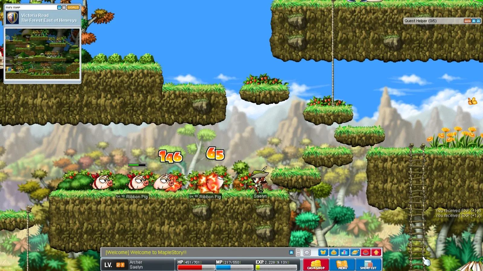 MapleStory Classic World: an Archer fights a row of Ribbon Pigs on a floating grassy ledge in The Forest East of Henesys, with damage numbers above them.