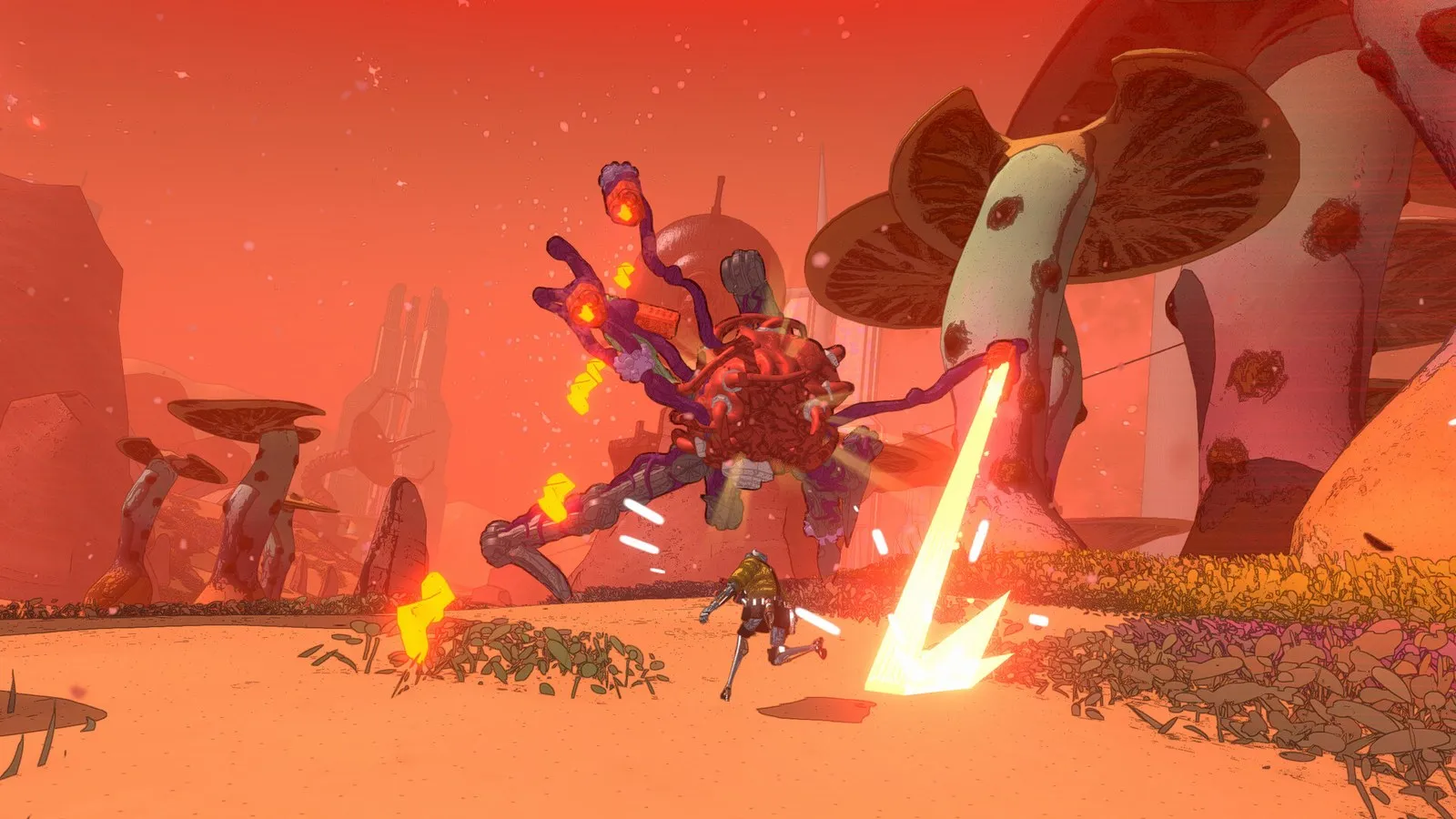 Mycopunk screenshot: a small robot squad member at the right fires a yellow arrow-shaped beam at a large red, tentacled fungal creature in an orange swamp under a hazy sky.