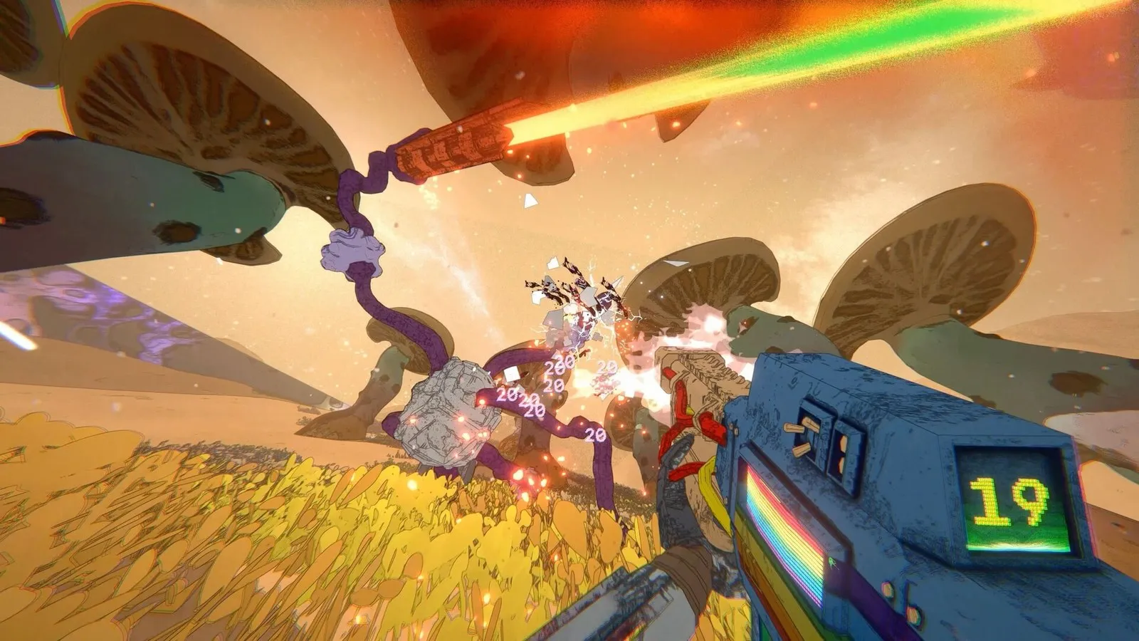 Mycopunk: a first-person view of a gun with an ammo counter in a forest of giant mushrooms.