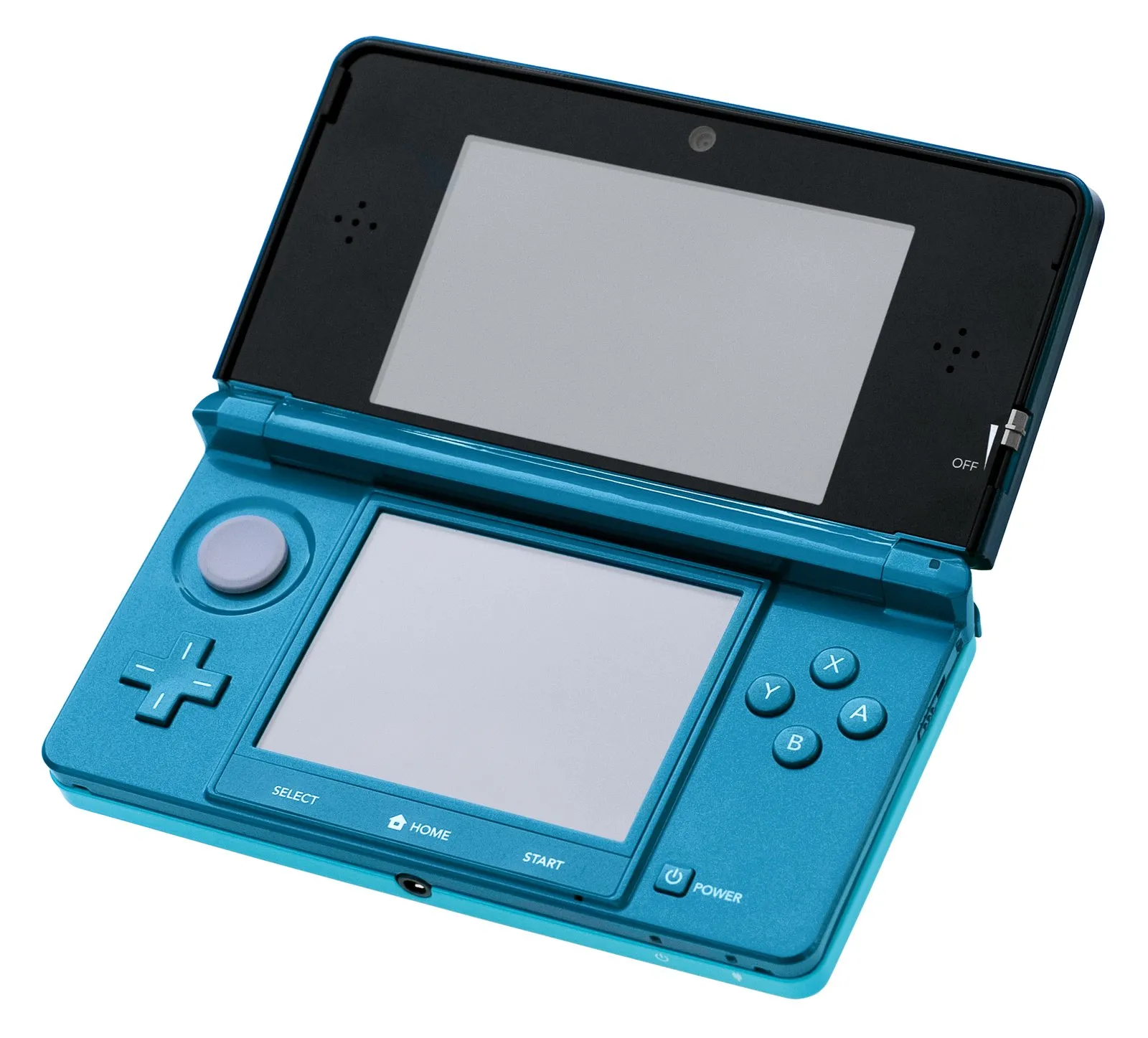 A Nintendo 3DS handheld in Aqua Blue, opened, photographed against a white background.