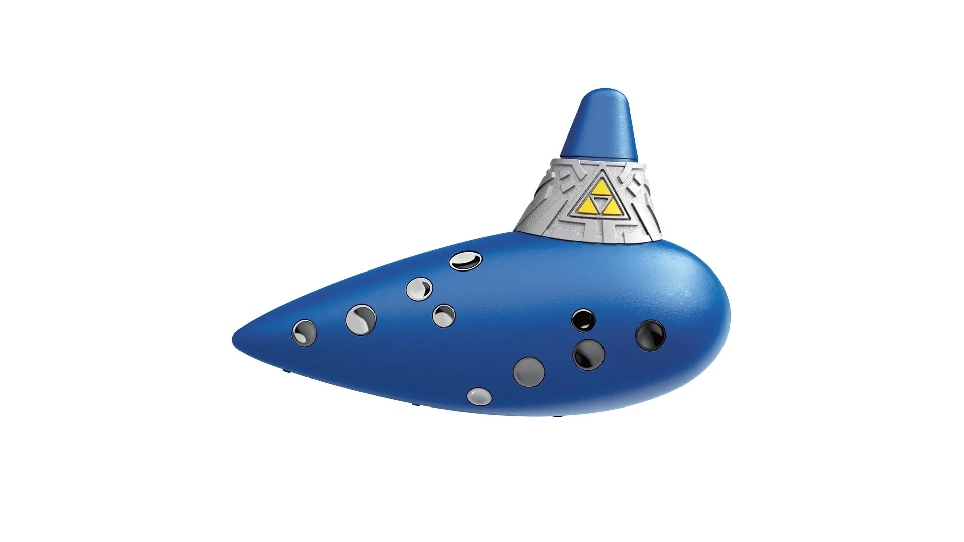 Product photo of the HORI Electric Ocarina of Time on a white background: a blue, teardrop-shaped electronic ocarina with silver finger-hole buttons and a grey mouthpiece band carrying a gold Triforce.