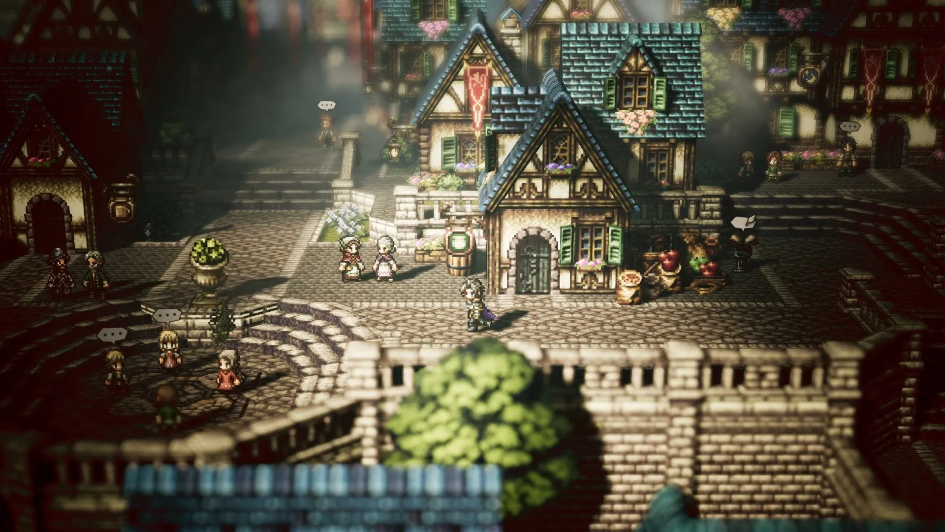 A town square in Octopath Traveler, with timber-framed houses, stone stairs and small pixel-art characters rendered with a tilt-shift depth-of-field effect.