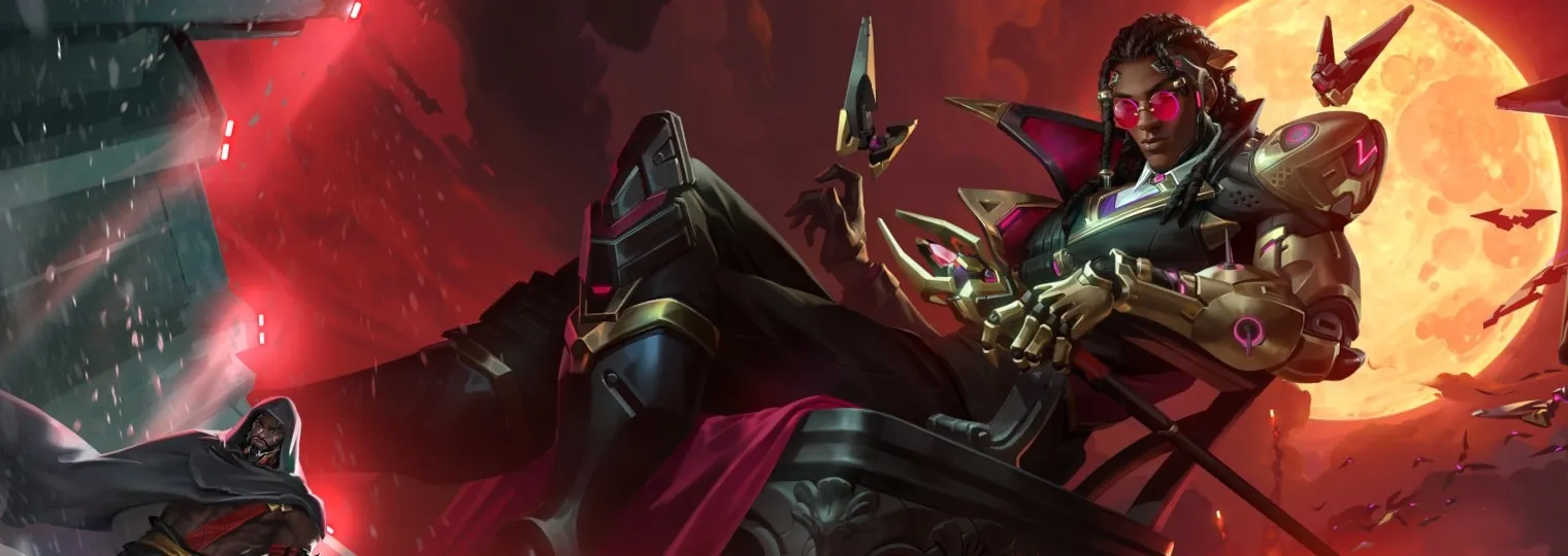 Encabezado oficial del blog de Blizzard para Overwatch Temporada 5: un hombre de piel oscura con armadura dorada y magenta se sienta en un trono bajo un cielo rojo sangre y una luna brillante, con drones mecánicos con forma de murciélago en el aire y una figura encapuchada mirando desde abajo a la izquierda.