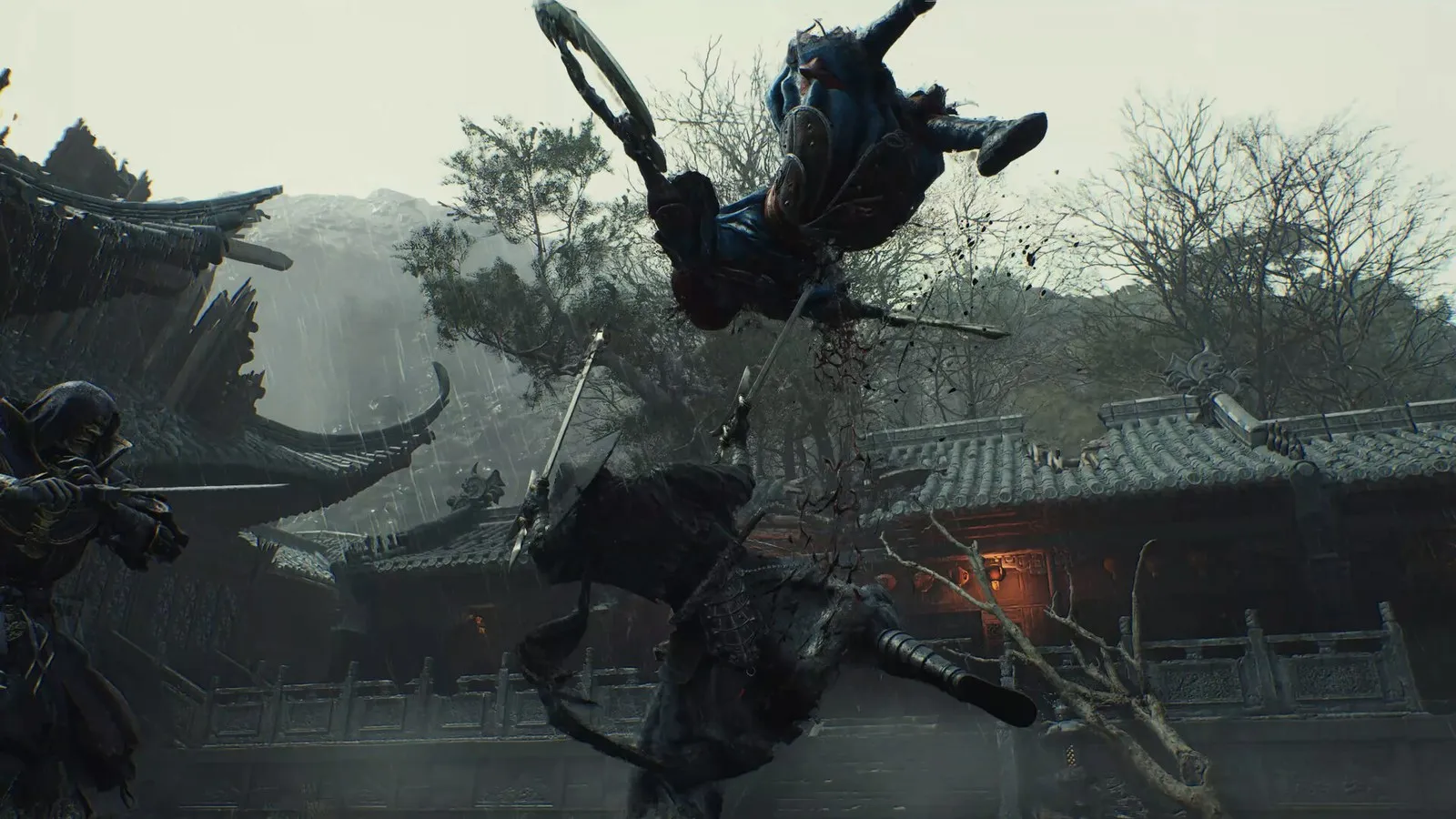 Phantom Blade Zero screenshot: a swordsman flips through the air over a crouching black-clad fighter in a rainy temple courtyard, as another warrior watches with a drawn blade.