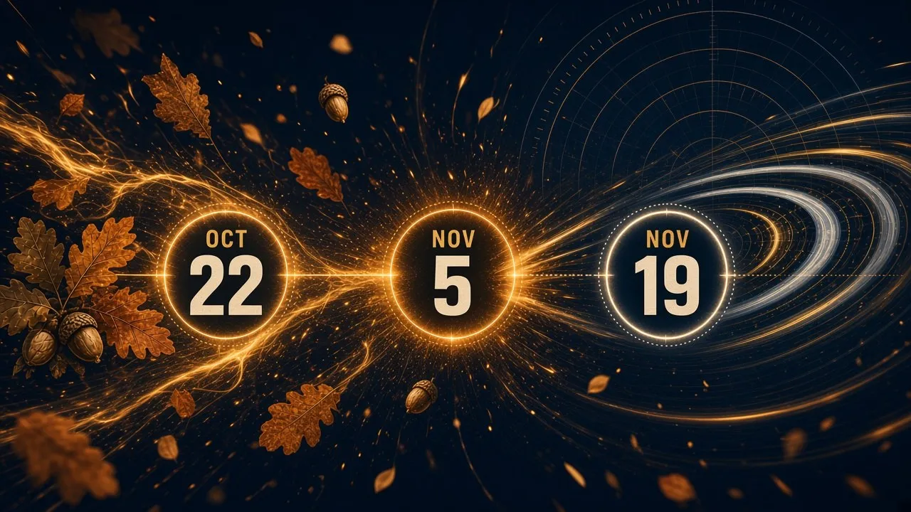 Dark navy release-radar timeline with three luminous date markers — Oct 22, Nov 5, Nov 19 — and golden collision sparks.
