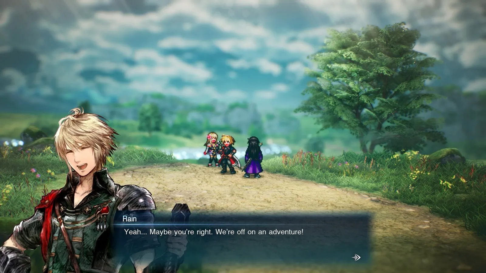 Final Fantasy Resonance dialogue scene: a portrait of Rain, smiling, over a dialogue box reading “Yeah… Maybe you’re right. We’re off on an adventure!”, with three small pixel-art characters on a dirt path behind.