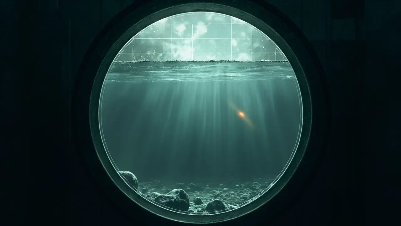 Abstract aquarium silhouette facing the viewer through glass; teal and charcoal.