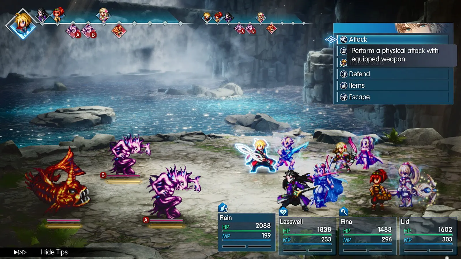 Final Fantasy Resonance turn-based battle: the party of Rain, Lasswell, Fina and Lid faces three monsters by a waterfall, with a turn-order timeline across the top and a command menu at right.