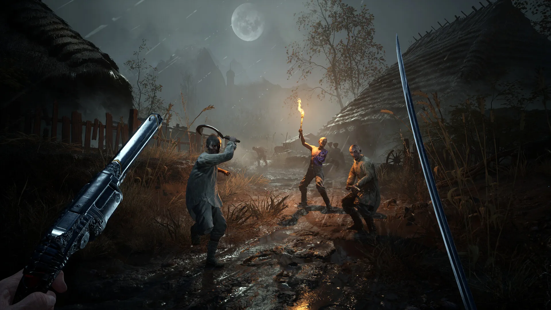 Valor Mortis gameplay screenshot in first person: the player holds an ornate pistol in the left hand and a curved sabre in the right as three ragged, plague-ridden soldiers, one carrying a torch, advance down a muddy village lane under a full moon.