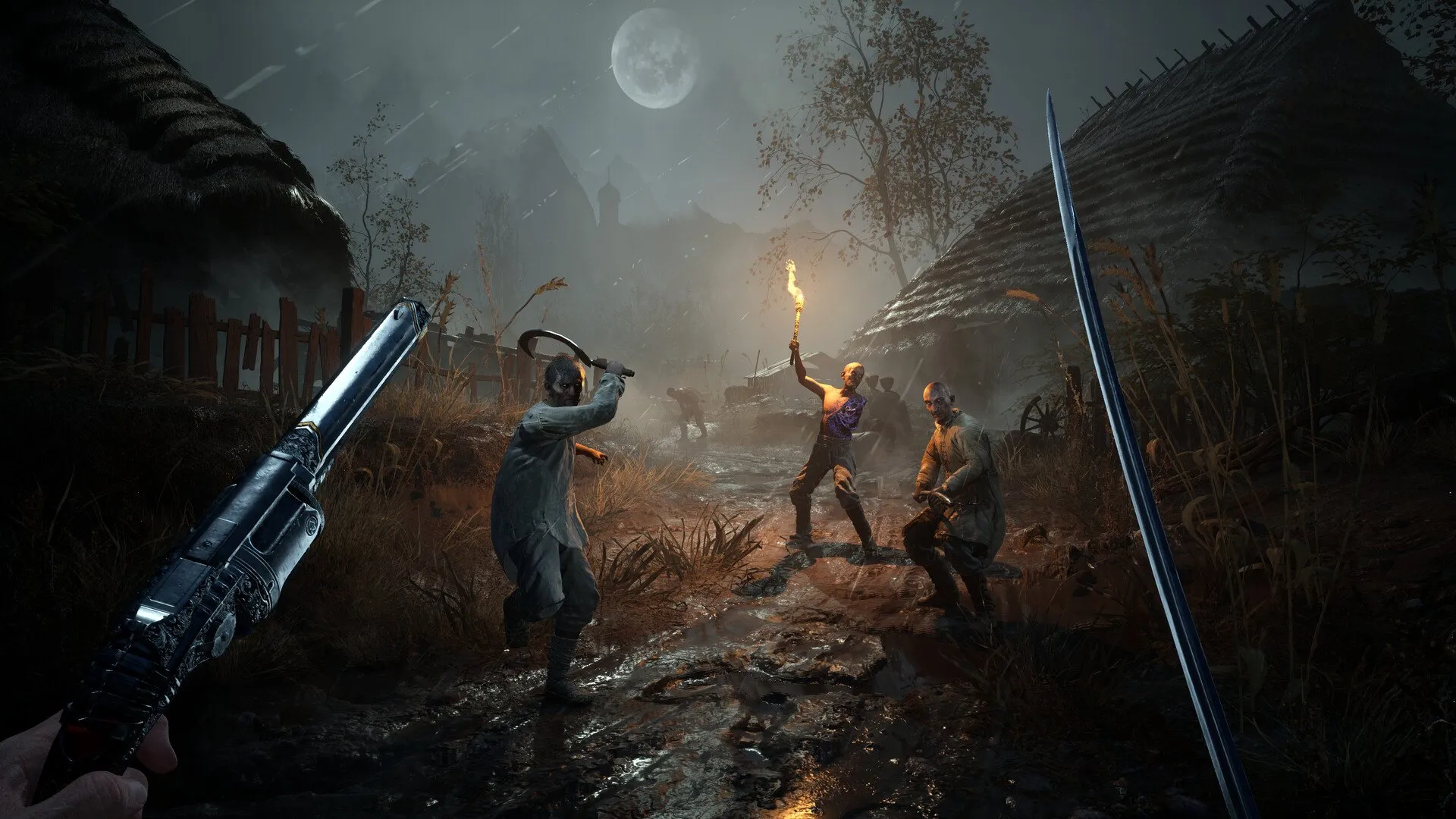 Valor Mortis gameplay screenshot in first person: the player holds an ornate pistol in the left hand and a curved sabre in the right as three ragged, plague-ridden soldiers, one carrying a torch, advance down a muddy village lane under a full moon.