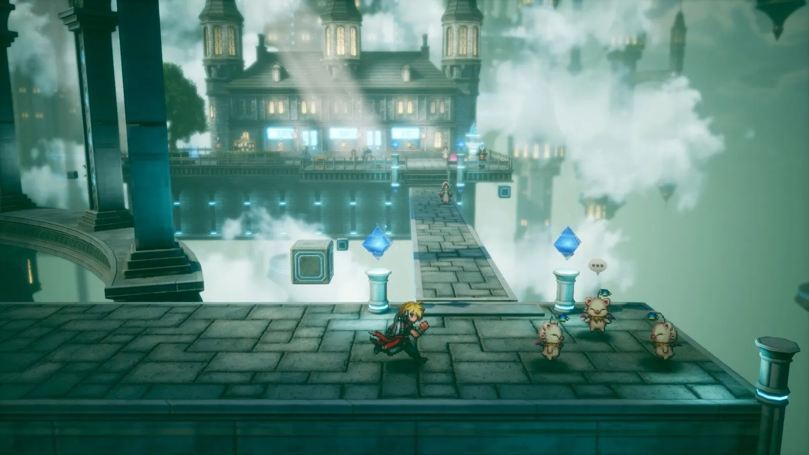 Final Fantasy Resonance screenshot: a small blond pixel-art hero in red runs along a stone walkway past three small cream-colored winged creatures, with a turreted building floating among clouds behind.