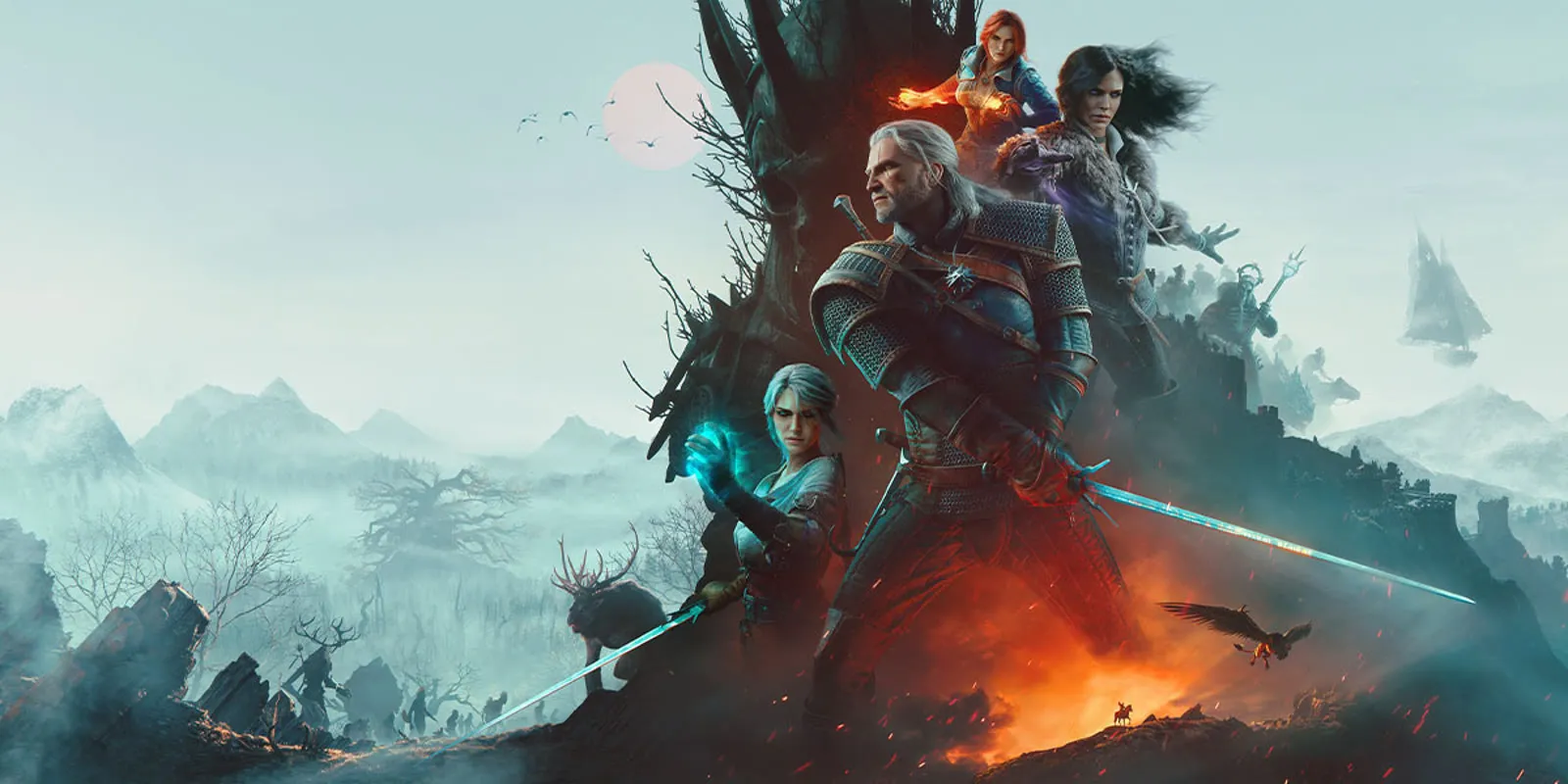 Official Remastered promotional key art of Geralt with Ciri, Yennefer, and Triss before a landscape split between a cold misty mountain range and a warm ember-lit ridge.