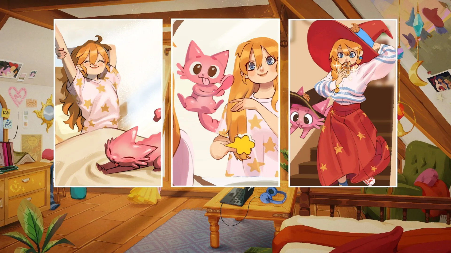The Witch's Bakery screenshot: three illustrated panels over a cozy attic bedroom show Lunne stretching awake in star pajamas, smiling beside a pink floating cat, and tasting a pastry in a red witch hat.