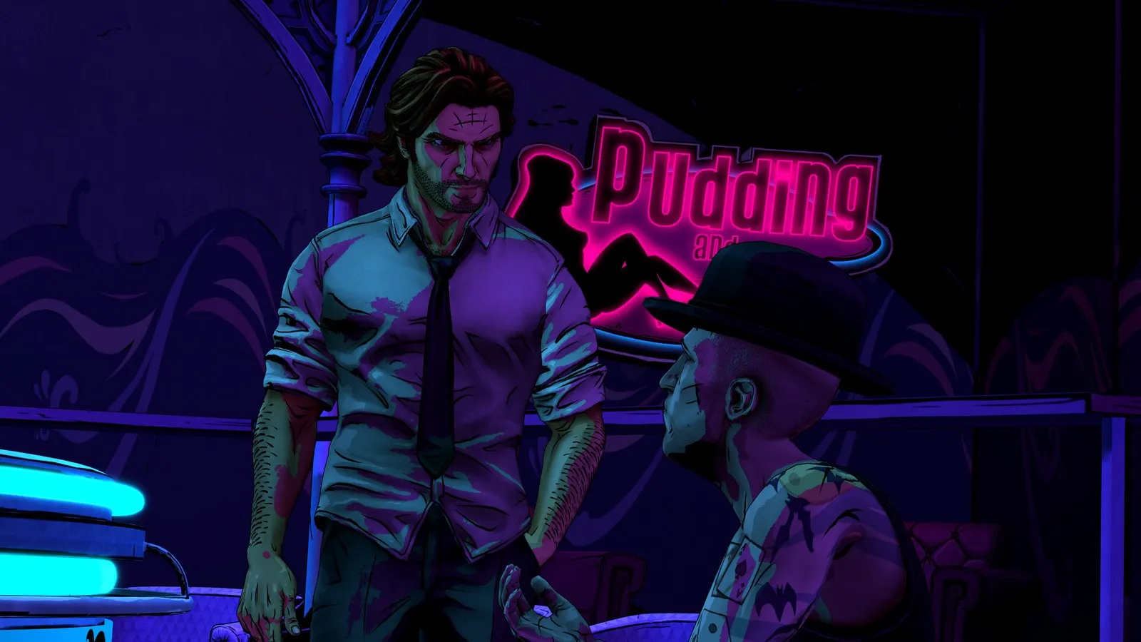 The Wolf Among Us Remastered: two characters talk in a neon-lit bar under a pink sign that reads “Pudding and…”.