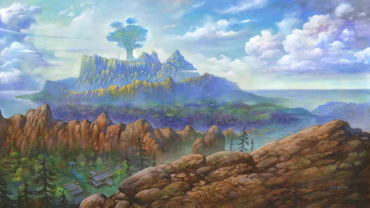 Pintura paisajística promocional oficial de Blizzard de un Árbol del Mundo lejano sobre una montaña-isla forestal, por encima de niebla y un asentamiento elfo de la noche en el valle bajo un cielo azul despejado.