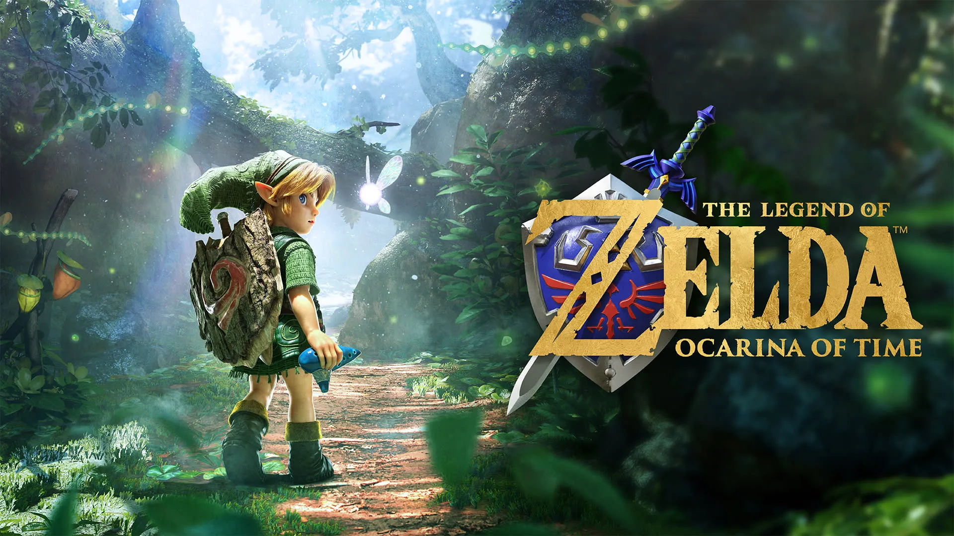 Official key art for The Legend of Zelda: Ocarina of Time on Nintendo Switch 2: young Link, seen from behind in a sunlit forest, holds the blue ocarina and looks toward the fairy Navi, with the game's gold logo, Hylian Shield and Master Sword at right.