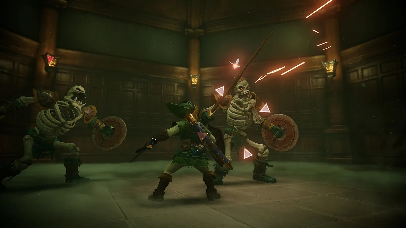 Still oficial de jugabilidad: Link enfrenta a dos Stalfos en una cámara de mazmorra con niebla, retículas de apuntado y Navi cerca — The Legend of Zelda: Ocarina of Time para Nintendo Switch 2.